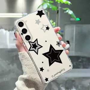 Simple Silvery Star High-end Pattern Suitable for Samsung Series S21/S21U/S21+/S22/S22+/S22U/S23/S23+/S23U and S24 Series A15/A35(5G)/A55(5G) Transparent Edge Trendy Mobile Phone Case Protector Protective