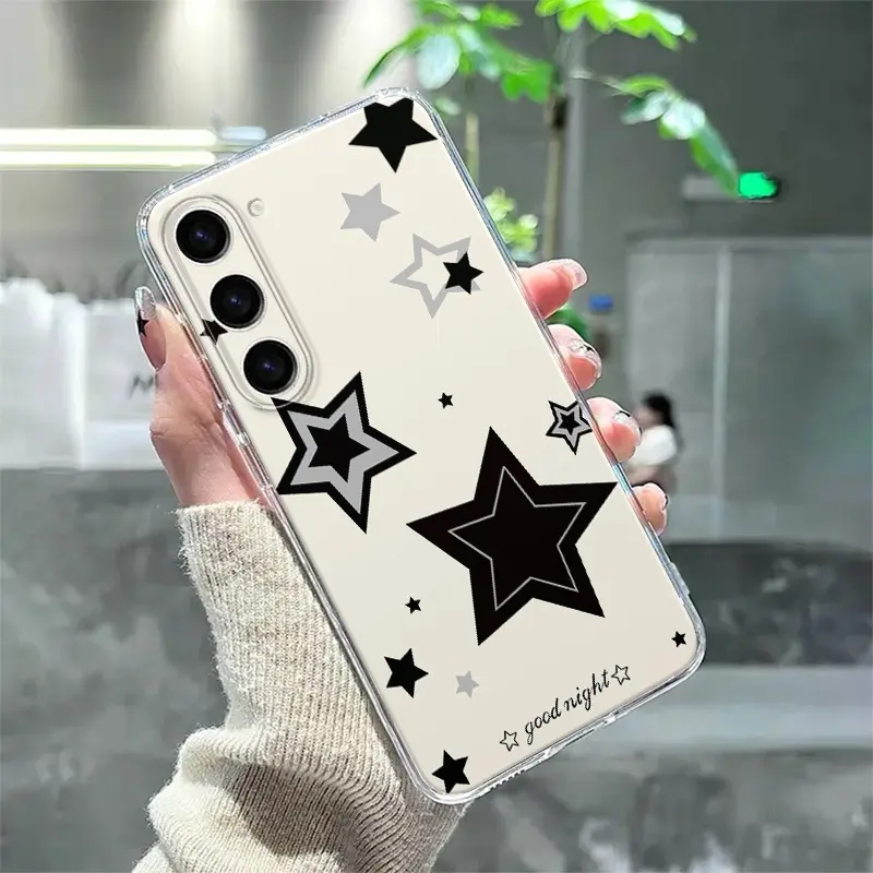Simple Silvery Star High-end Pattern Suitable for Samsung Series S21/S21U/S21+/S22/S22+/S22U/S23/S23+/S23U and S24 Series A15/A35(5G)/A55(5G) Transparent Edge Trendy Mobile Phone Case Protector Protective