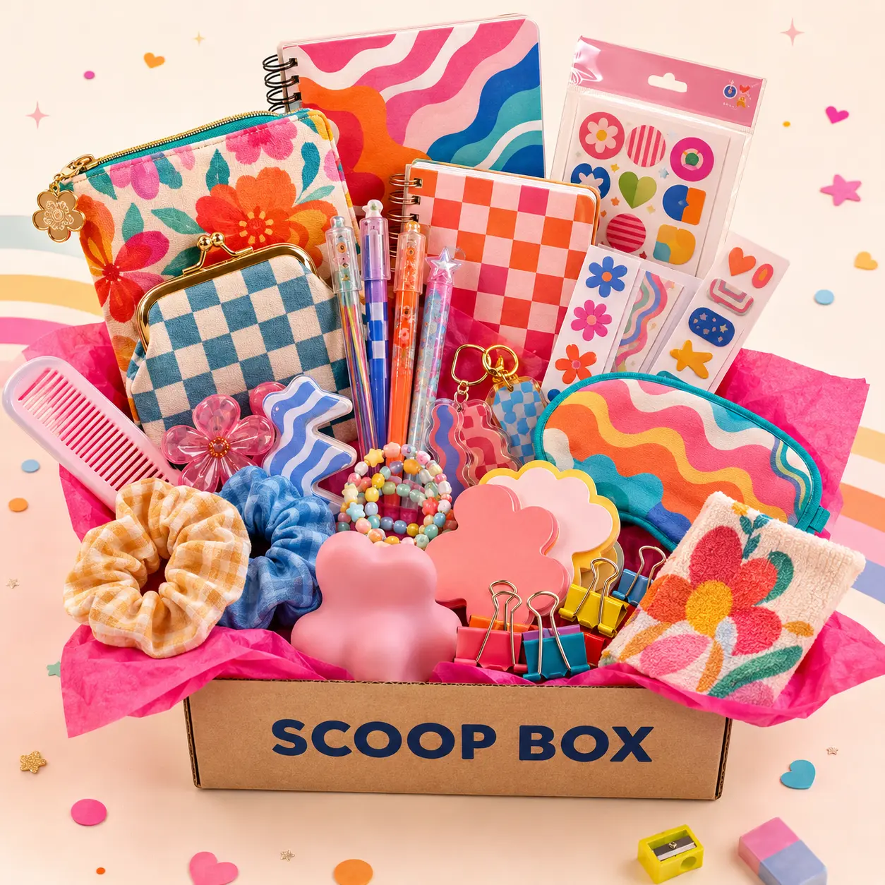 Millobox Cute Box Colorful Accessories Gift Set with Stationery, Mini Pouches, Pens, Stickers, Scrunchies, Bracelets and Keychain Charms, Birthday Christmas Halloween Gift for Women and Teens