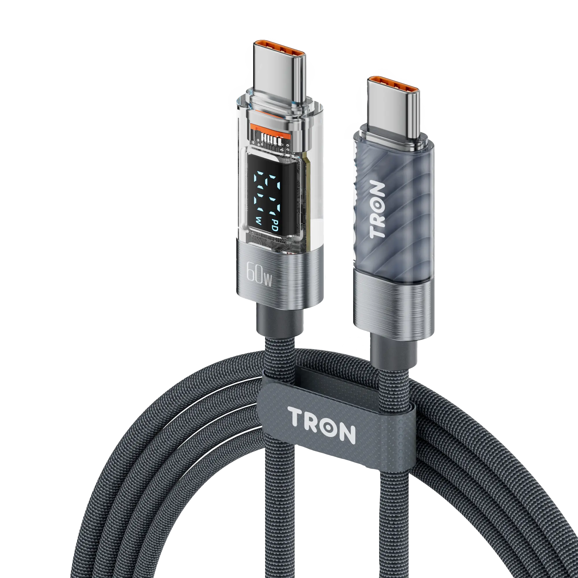 60W USB-C to USB-C Transparent Cable | Digital Display | 5FT | Black