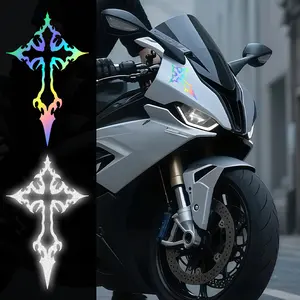 2-piece high-strength reflective Gothic-style cross totem motorcycle stickers in red, silver, blue, orange, and laser colors. These are waterproof, durable, self-adhesive high-quality decals. They can cover scratches on motorcycle bodies, and are suitable