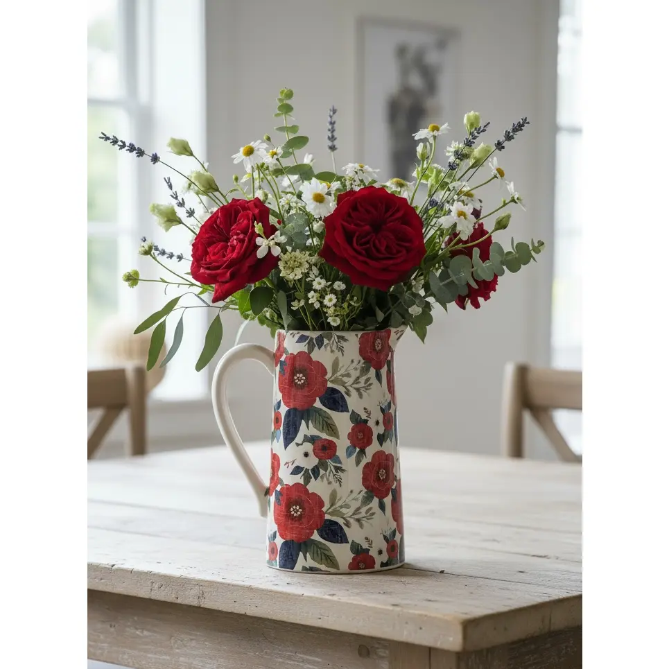 Patriotic Floral Ceramic Pitcher