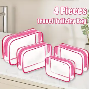 4 Pack Clear Toiletry Bag, Portable Travel Makeup Pouch with Zipper, PVC Cosmetic for Airport Airline Compliant