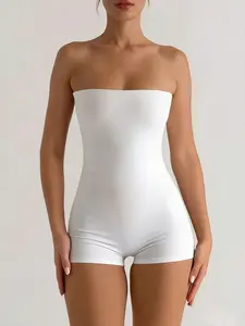 Pure Color Halter Romper Shorts, Slimming Fit Casual Basic Sleeveless One-Piece, Comfortable and Stylish Women's Clothing, Womenswear, Solid, Fitted