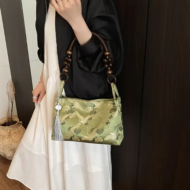 Vintage Chinese Style Jacquard Silk Embroidery Crane Motif Hobo Handbag - Wooden Bead Handle, Tassel - Casual Everyday Bag for Daily Use, Evening Occasions