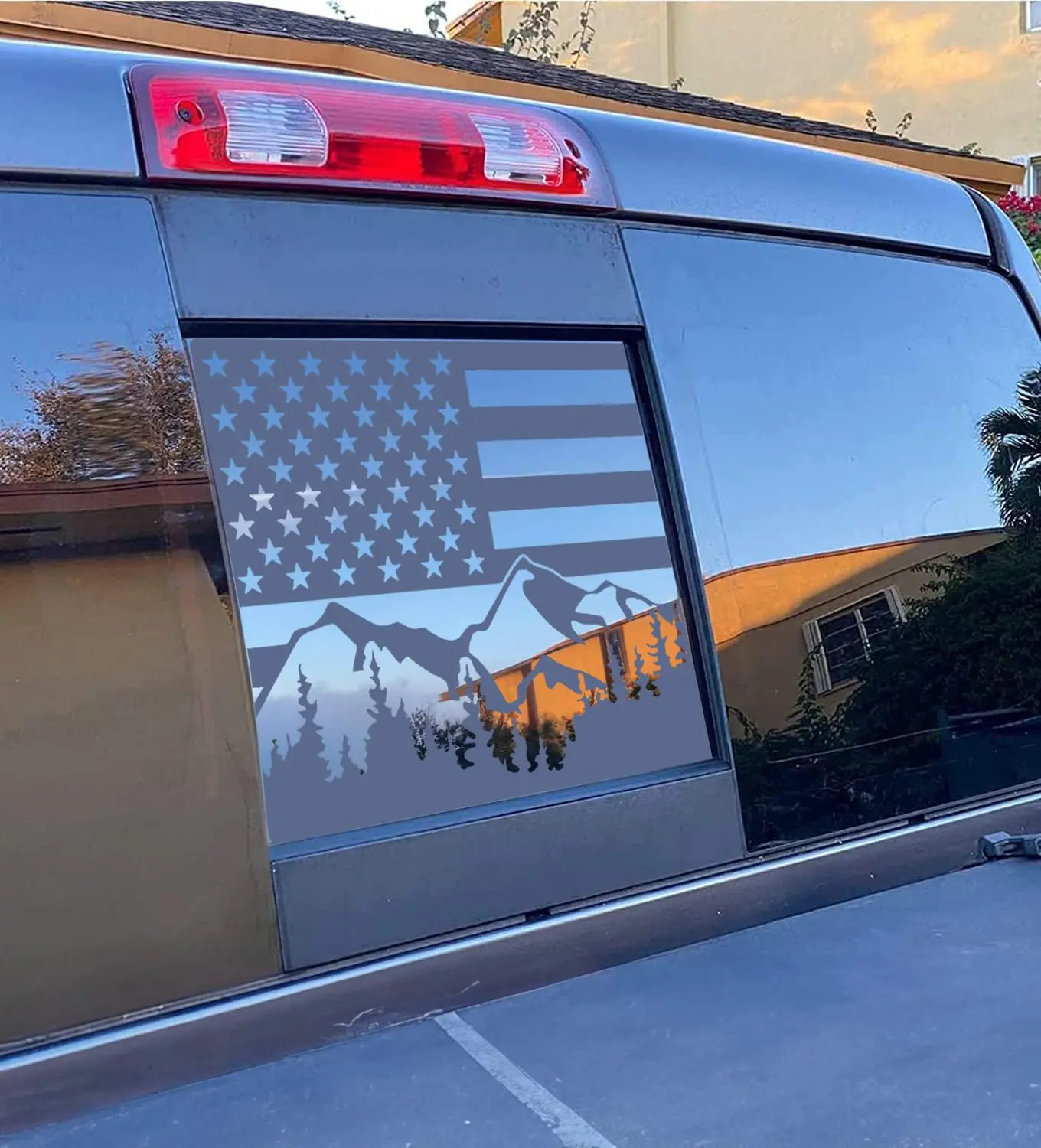 Custom Fit American Flag Rear Middle Window Vinyl Decal for Jeep Gladiator JT 2020-2025, All-Weather Durability, Bubble-Free Installation, Bold Patriotic Style, Enhances Rear Window Look, Black Mountain Truck Exterior Accessory