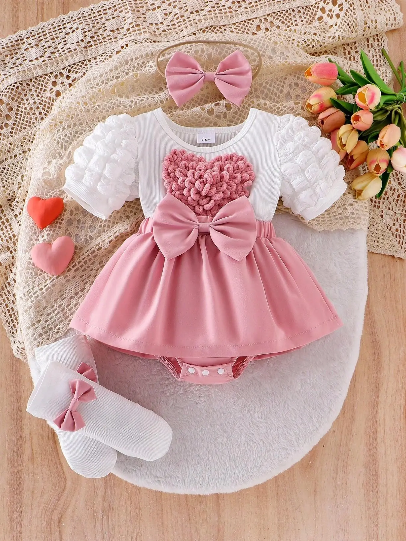Baby Girl Sweet Romantic Newborn Clothes Outfits Set 4-Piece Set, Large Bow Heart Embroidery Bubble Short Sleeve Romper Dress, Includes Hairband & Socks