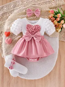 Baby Girl Sweet Romantic 4-Piece Set, Large Bow Heart Embroidery Bubble Sleeves Short Sleeve Romper Dress, Includes Hairband & Socks