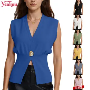 Yeokou Womens Vest Tops Button Down V Neck Sleeveless outerwear Knit Summer Top for Women