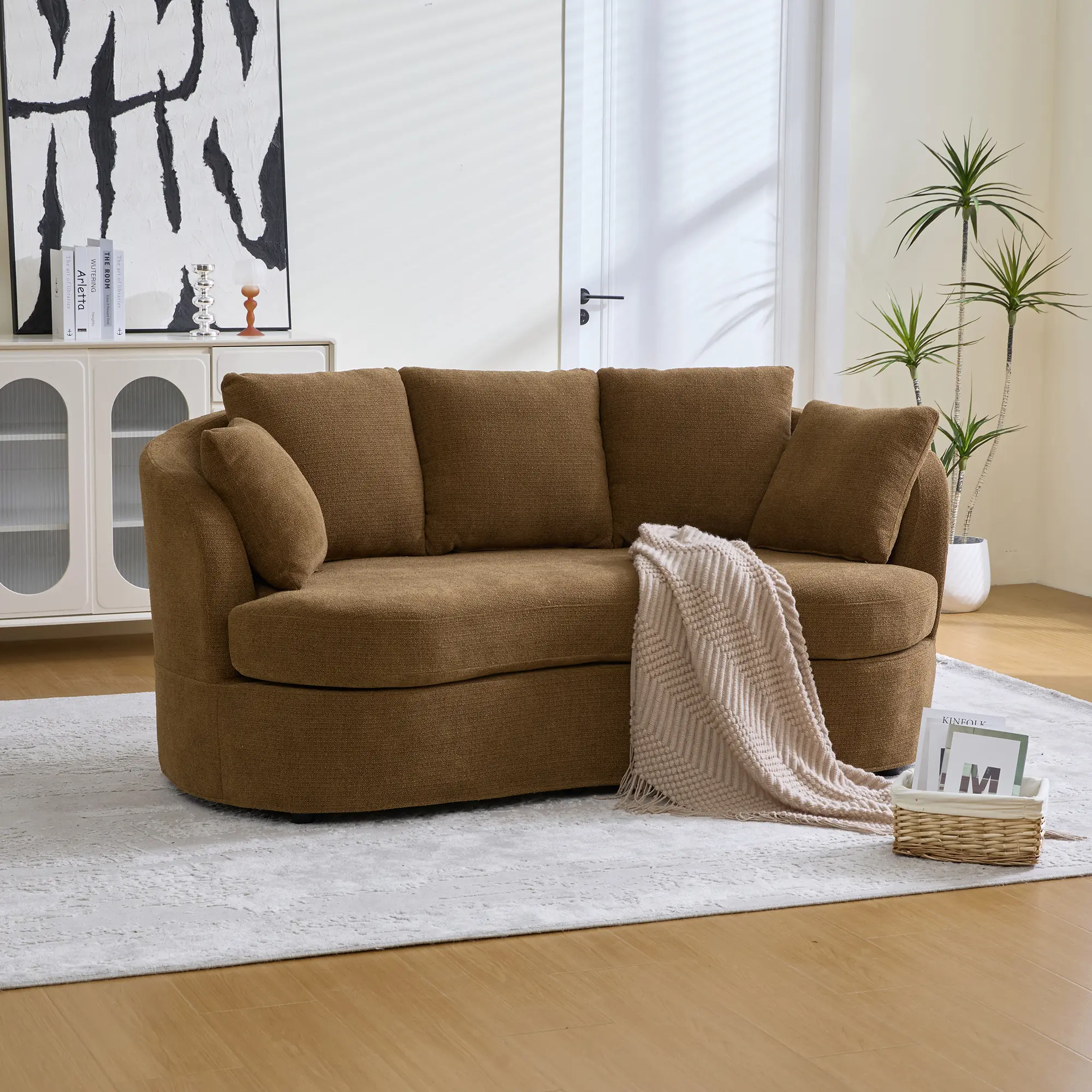 73.82" Wide Curved Indoor Sofa with Extended Arms, Modern Luxury Plush Chenille Extra-Deep Seat, 5 Removable Cushions, Ideal for Living Rooms (Brown/Beige/Taupe)