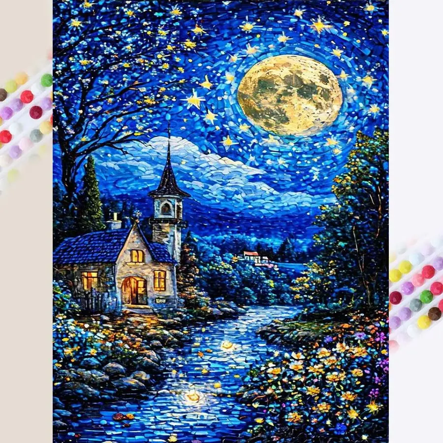 1pcs 5D DIY handcraft diamond painting set, 5D diamond art set, DIY decoration, Moonlit Cottage diamond painting set full round drill DIY, mosaic, diamond art, DIY art home decoration, suitable for Halloween and Christmas, Diamond Painting Kits