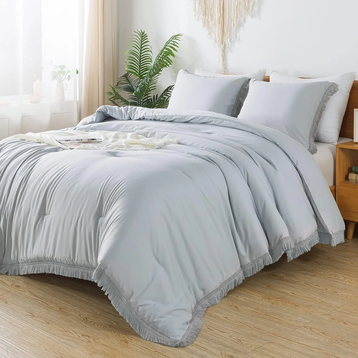 Light Grey Comforter Queen, 3 Boho Tassel Lightweight Comforter Sets, Fluffy Fringe (90x90In Comforter  2 Pillowcases)