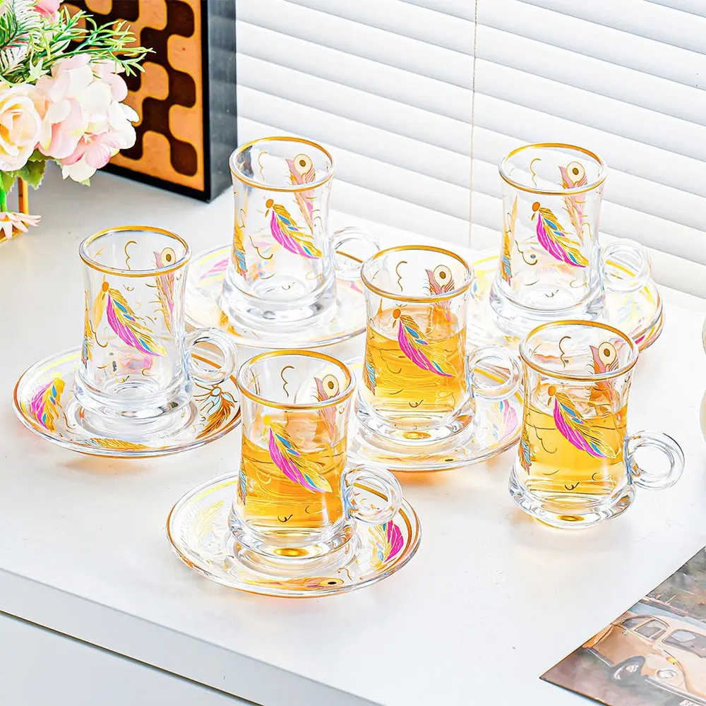 Vintage Turkish Tea Glasses Cups and Saucers Set of 6 Handle Drinkware Drink Bar Fancy Teapots Serving Glassware Drinking Kitchen Women Moroccan Persian Teacups Party Art Deco Vintage Transparent Cup