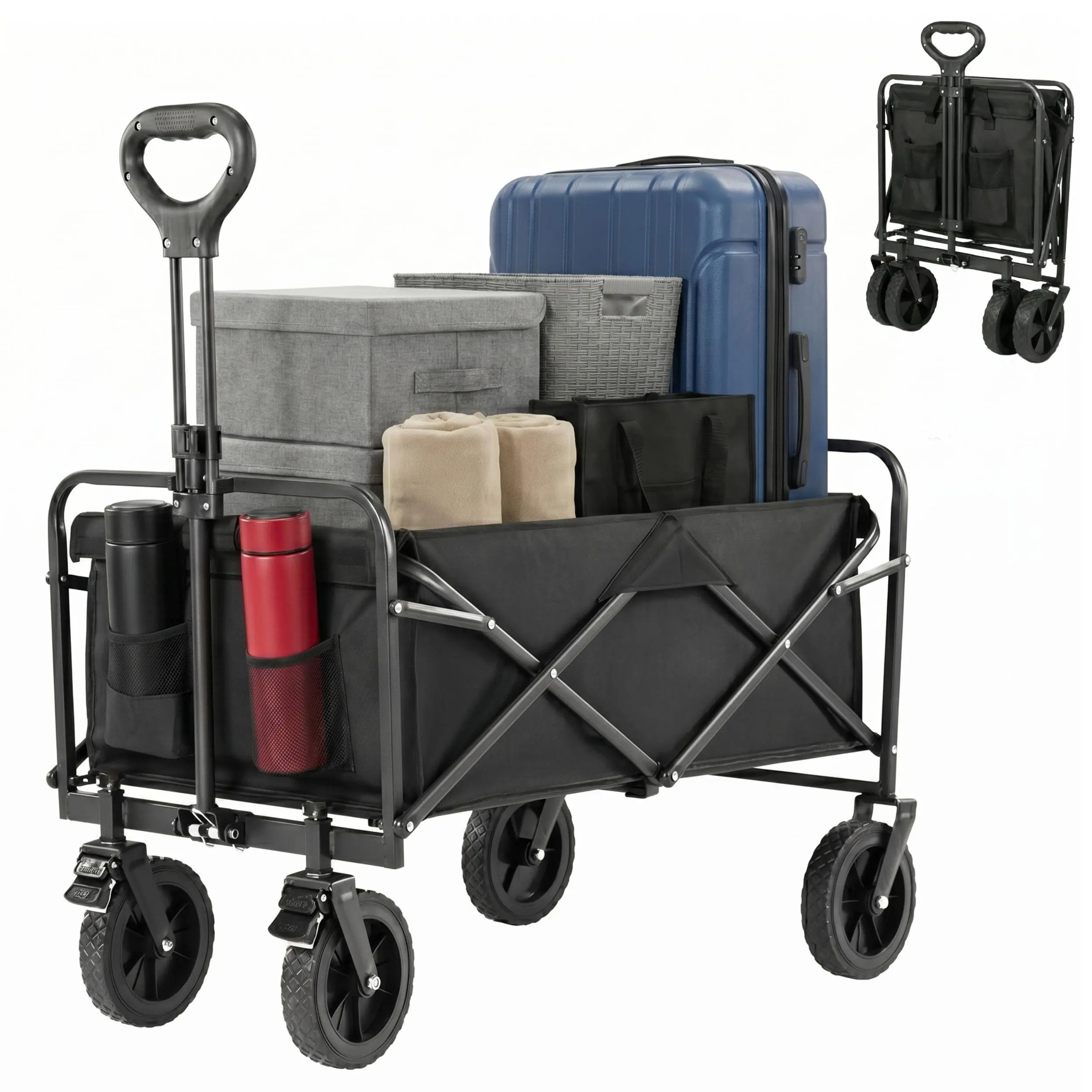 Heavy Duty Rolling Utility Wagon, Waterproof Collapsible Cart with All-Terrain Wheels and Brakes for Outdoors, Fishing & Tailgating, Wagon Cart Foldable, Portable Folding Trolley, Camping, Lightweight, Work Cart, Shopping Carts