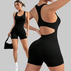 Women's Seamless Sleeveless Racerback Cutout Back One Piece Shorts Jumpsuit Tummy Control Workout Yoga Bodysuit