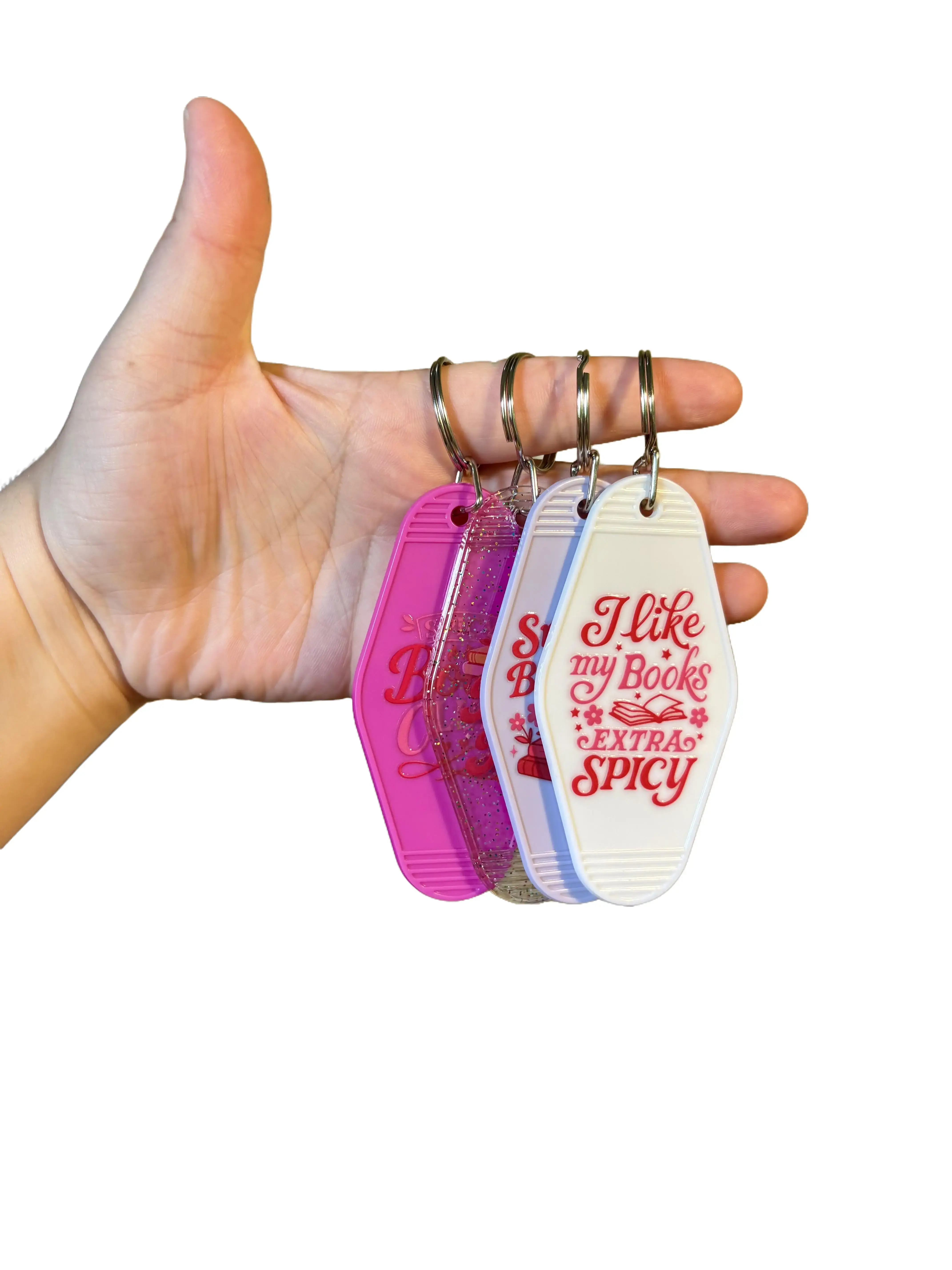 4-Pack Smutty/Spicy Keychains, Bookish Accessories, White Purple hot pink & confetti clear