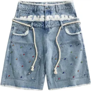 WDIRARA Men's Y2K Layered Denim Shorts Distressed Raw Hem Double Waist Jean Shorts with Rhinestones Trendy Streetwear