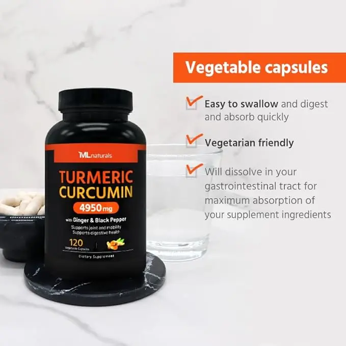 Extra Strength Turmeric Curcumin 4950 mg 120 Vegetable Capsules, 95% Curcuminoids, with Black Pepper & Ginger. Enhanced Absorption, Joint Support, Digestion & Immune Support