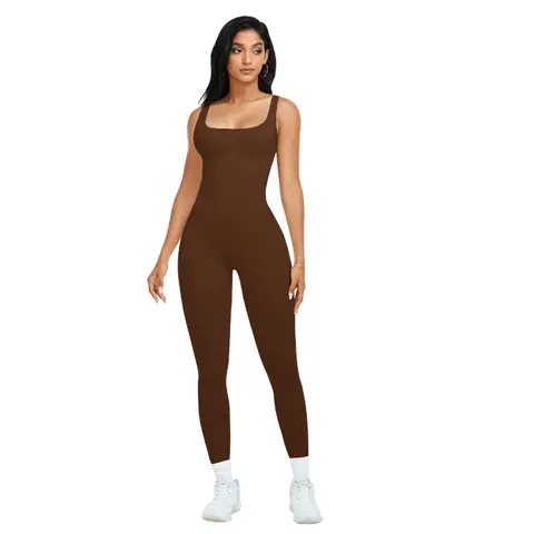 Women's Yoga Workout Jumpsuit - Sleeveless Square Neck Ribbed Nylon Blend Breathable Quick Drying Tight Sportswear Gym Unitard, Full-Length Body-Hugging Comfy Women's Clothes, Breathable Fabric Jumpsuit, Yoga Workout Jumpsuits,sohochic
