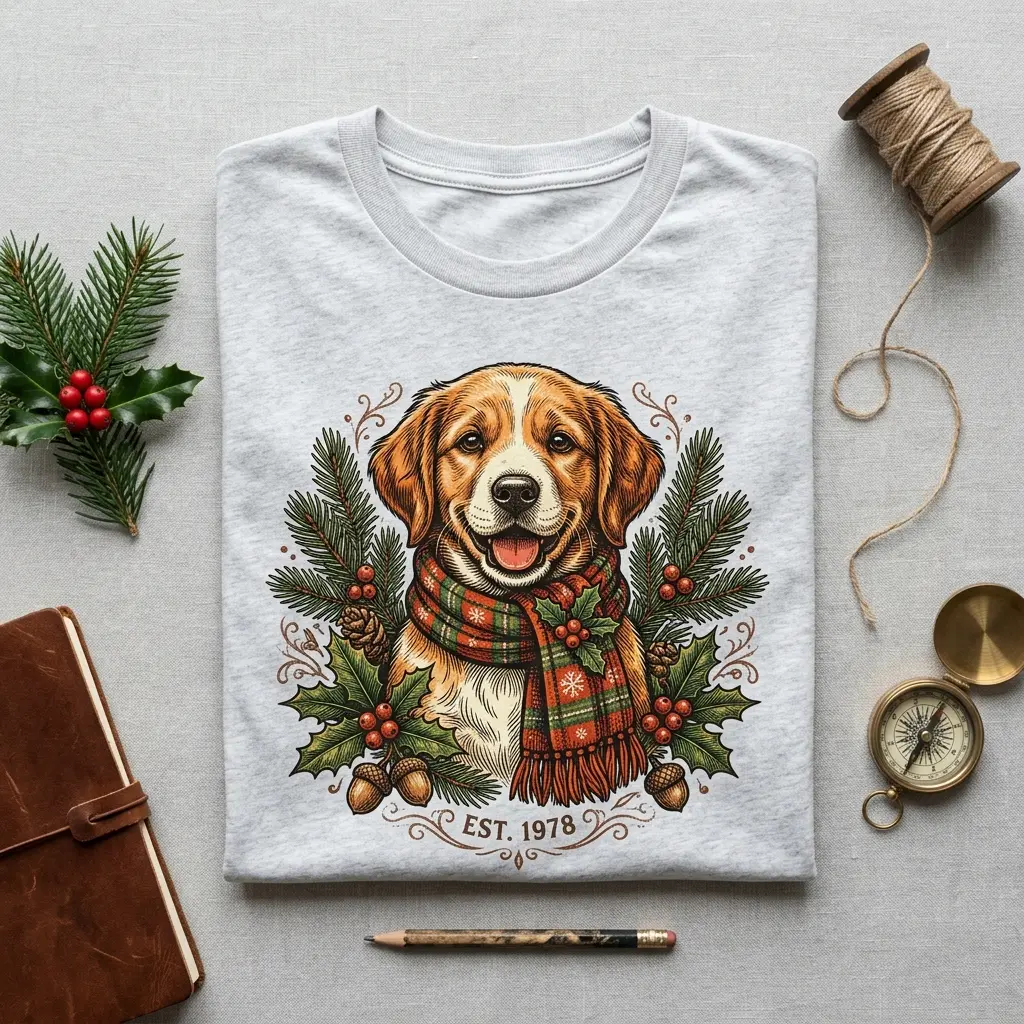 Women's Cotton Puppy with Christmas Scarf T-Shirt - Gildan 5000, Unisex Comfortable Fit, Birthday Apparel