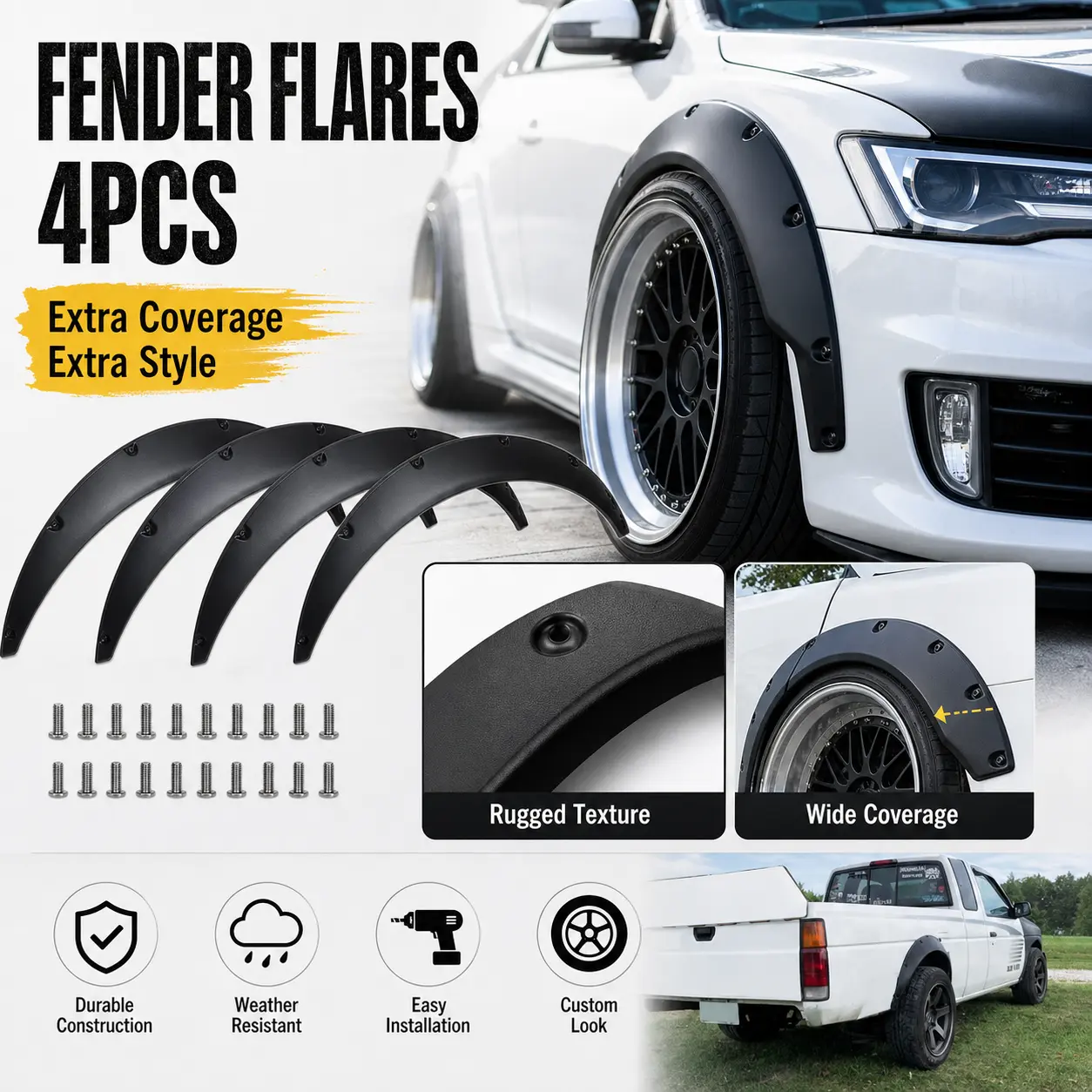 4PCS Matte Black Universal Wide Body Fender Flares, Car Wheel Arch Eyebrow Trim with Screws, Textured Exterior Styling Tire Cover Protector (Automotive Wheel Accessory)