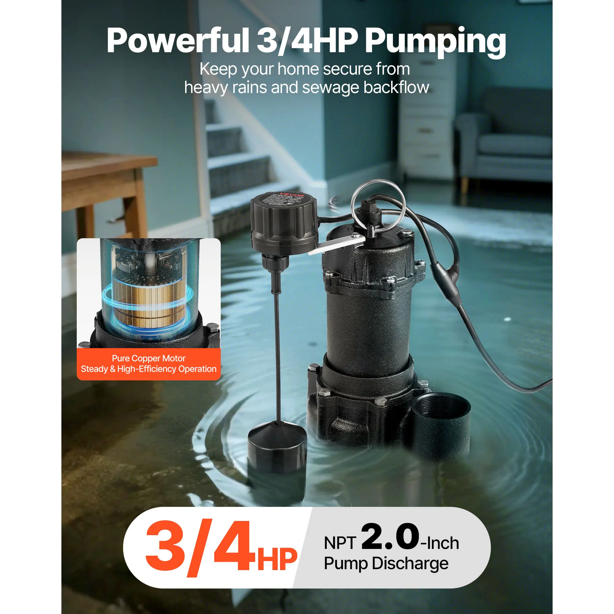 【summerfinds】VEVOR 3/4 HP Automatic Tethered Float Switch Submersible Sewage Pump, 6000 GPH Cast Iron, 2-Inch NPT Discharge, 120V, 23 ft Max Lift, Easy Installation, for Draining Basements, Septic Tank, Residential Use, Copper, Auto On/Off, Heavy Rain, Ba