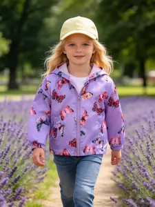Girls' Long Sleeve Hooded Zipper Jacket, Casual All-Over Print, Loose-Fitting, Spring & Fall, Korean Style, Fashion Outerwear