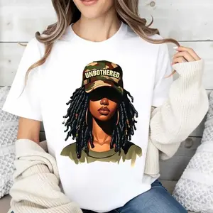 Women's White T-Shirt | Ultra-Soft Breathable Print | Unbothered Girl with Dreads and Camo Hat Graphic