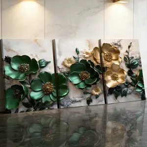 3 Counts Wooden Framed Canvas Painting, Elegant Green And Gold Flower Images, Artistic Exquisite Poster, Perfect Gift, Decor For Living Room, Bedthroom, Modern Home Decor, Modern Art, Fashion Family Poster, Wall Art Decoration
