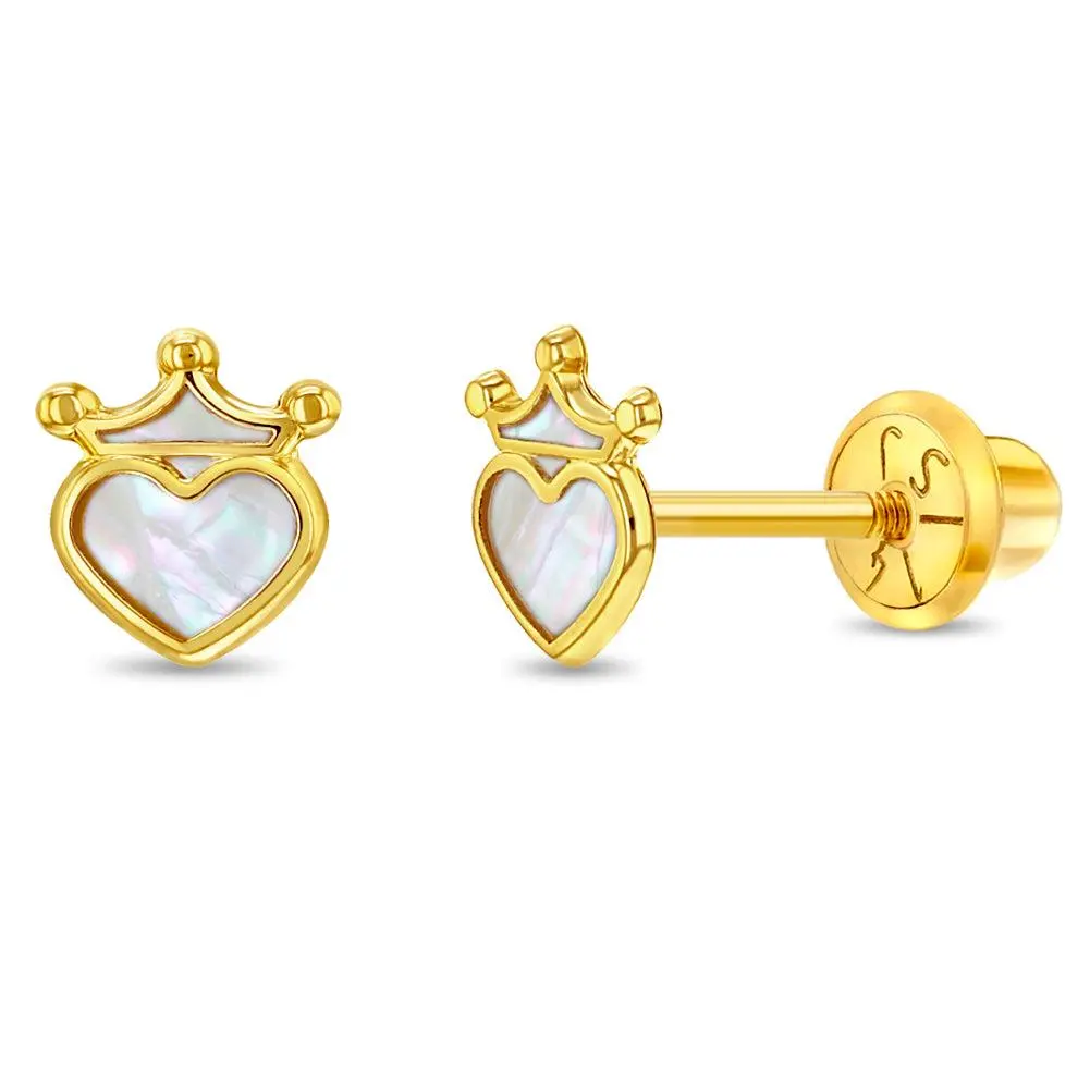 14k Gold Mother Of Pearl Princess Heart Baby / Toddler / Kids Earrings Safety Screw Back 14k Gold Mother Of Pearl Princess Heart Baby / Toddler / Kids Earrings Safety Screw Back