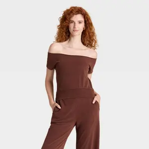 Women's Short Sleeve Off the Shoulder Suede Top - Universal Thread Brown L