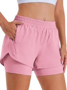 Women's Two-In-One Casual Gym Shorts, High Waist Running Shorts, Gym Workout Shorts with Lining and Zipper Pockets