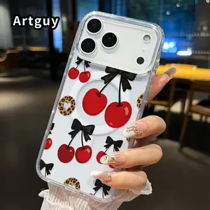 Magnetic Phone Case Supports Wireless Charging for iPhone 17 Pro Max 16 Plus 15 14 13 12 11 Air XR E Cherry Bow Delight Pattern Non-Yellowing Shockproof Soft Silicone Transparent Acrylic Large Hole Cover