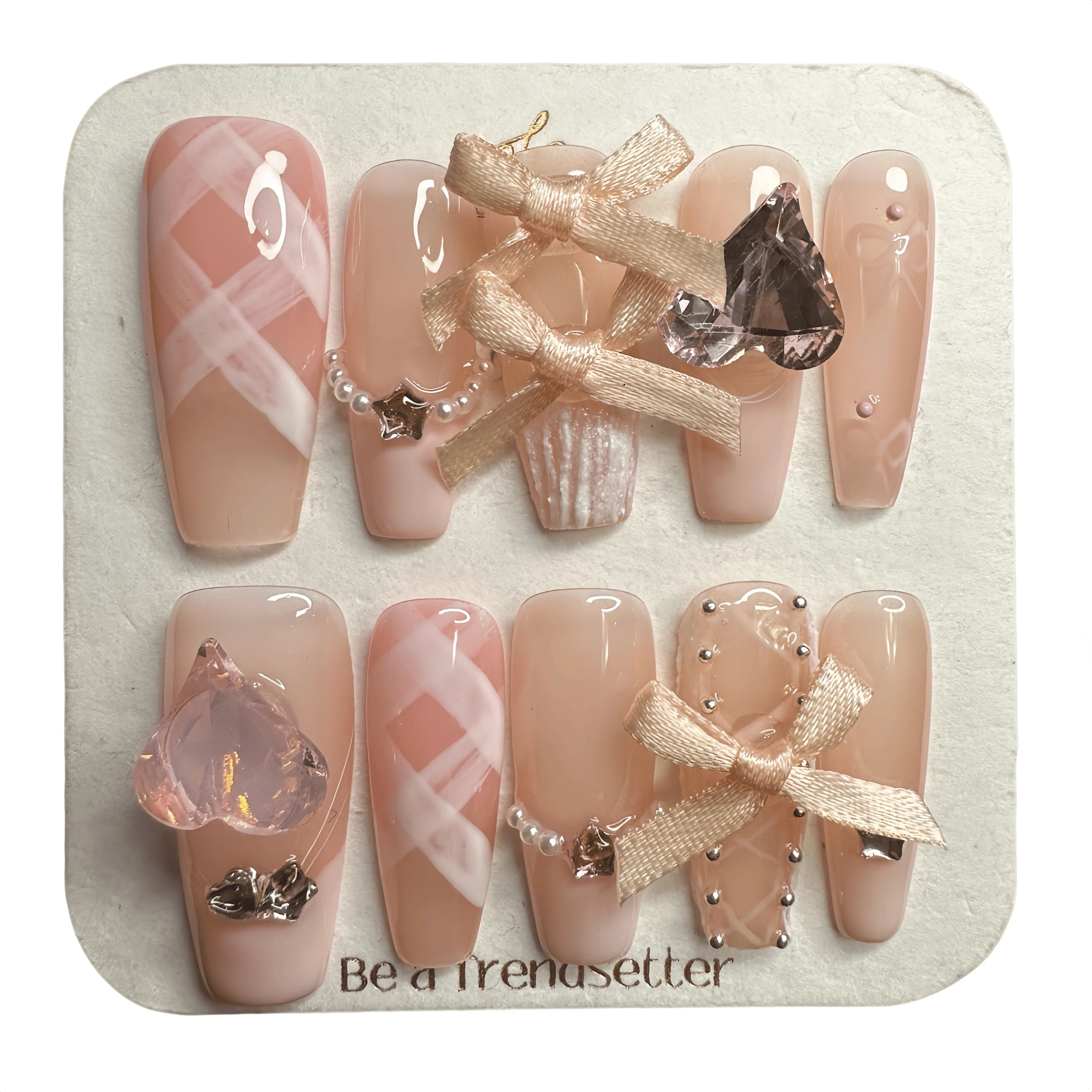 J11 Press-on Nails, Long Finished Hand-Worn Fake Nail Patches with Ballet Bow, Blush Pink French Design, Easy Paste, Lightweight Fit, Single Sheet
