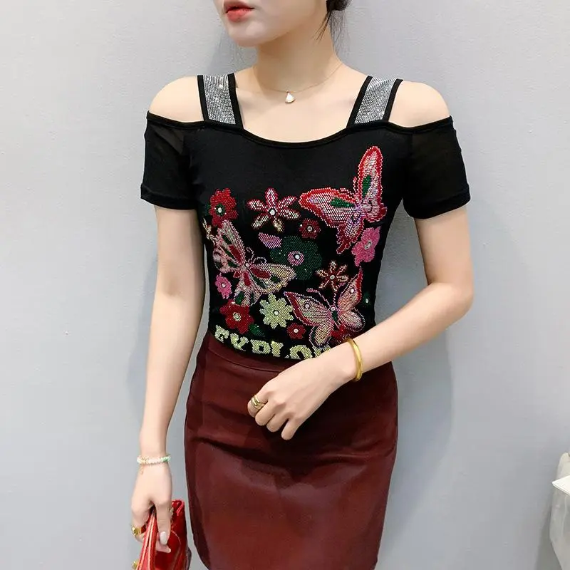 Cold‑Shoulder Mesh Short Sleeve Top, Colorful Butterfly Floral Rhinestone Slim‑Fit Off‑Shoulder Blouse