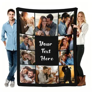 Custom Photo Throw Blanket, Personalized 9 Grid Couple Flannel Blanket, Soft Cozy Warm Throw, Your Text Here Design, Romantic Gift for Him Her, Anniversary Valentine's Cute Couch Bedroom Decor