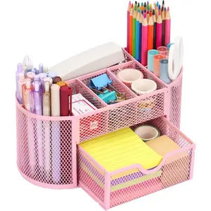 Pink Mesh Desk Organizer & Pen Holder with 8 Compartments and 1 Drawer, Stores Desk Accessories for Office Home School Classroom