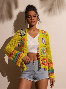 New Women's Hand-Knitted Cardigan, Colorful Floral Hollow Out Long Sleeve, Casual Versatile Sweater for Spring & Fall Seasons