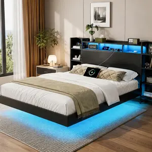 ARCH Twin Size Floating Bed Frame with USB Charging Station, Storage Headboard, LED Lights, Heavy-Duty Platform, No Box Spring Needed, Black MDF-Metal Indoor Bedroom Furniture (Metal Bed Frames)