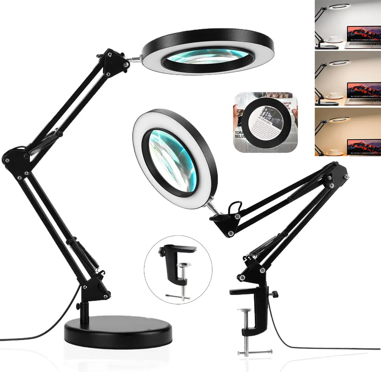 10X Magnifying Glass With Light and Stand, Dimmer Adjustable Swing Arm 2-in-1 Desk Lamp and Clamp, LED Lighted Desk Magnifier with Light for Craft Reading Repair Painting Close Work