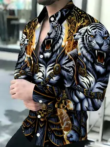 Men's Breathable Collared Long Sleeve White Tiger Warrior Print Shirt