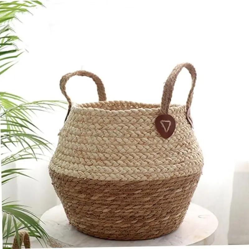 Handmade Woven Grass Plant Storage Basket with Handle, Indoor Decorative Storage Bin, Wedding Home Decoration, Living Room Farmhouse Style, Basket with Handles