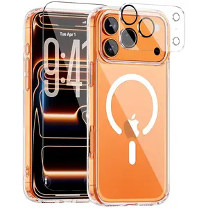 iPhone 17 Pro Max Case 2026 Upgrade N52 Strong Magnet Military Grade 10FT Drop Proof Anti Yellow Clear Cover 3 in 1 MagSafe Case Magnetic for iPhone with 1 Pack Each Tempered Glass Screen Protectors and Camera Lens Protectors,phone lens protective film