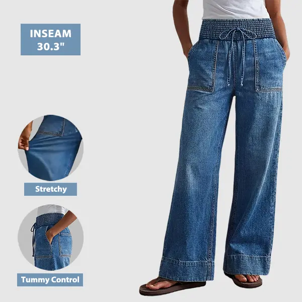 Flamingals Wash Patch Pocket Drawstring Shirred High Rise Straight Leg Jeans Womenswear Stretchy 30.3" Inseam