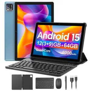 10.1 Inch Android 15 Touchscreen Tablet PC, Tablets with Keyboard, Quad Core Processor, 3gb RAM & 64GB ROM, Wireless Home Office Device with Keyboard Mouse Set