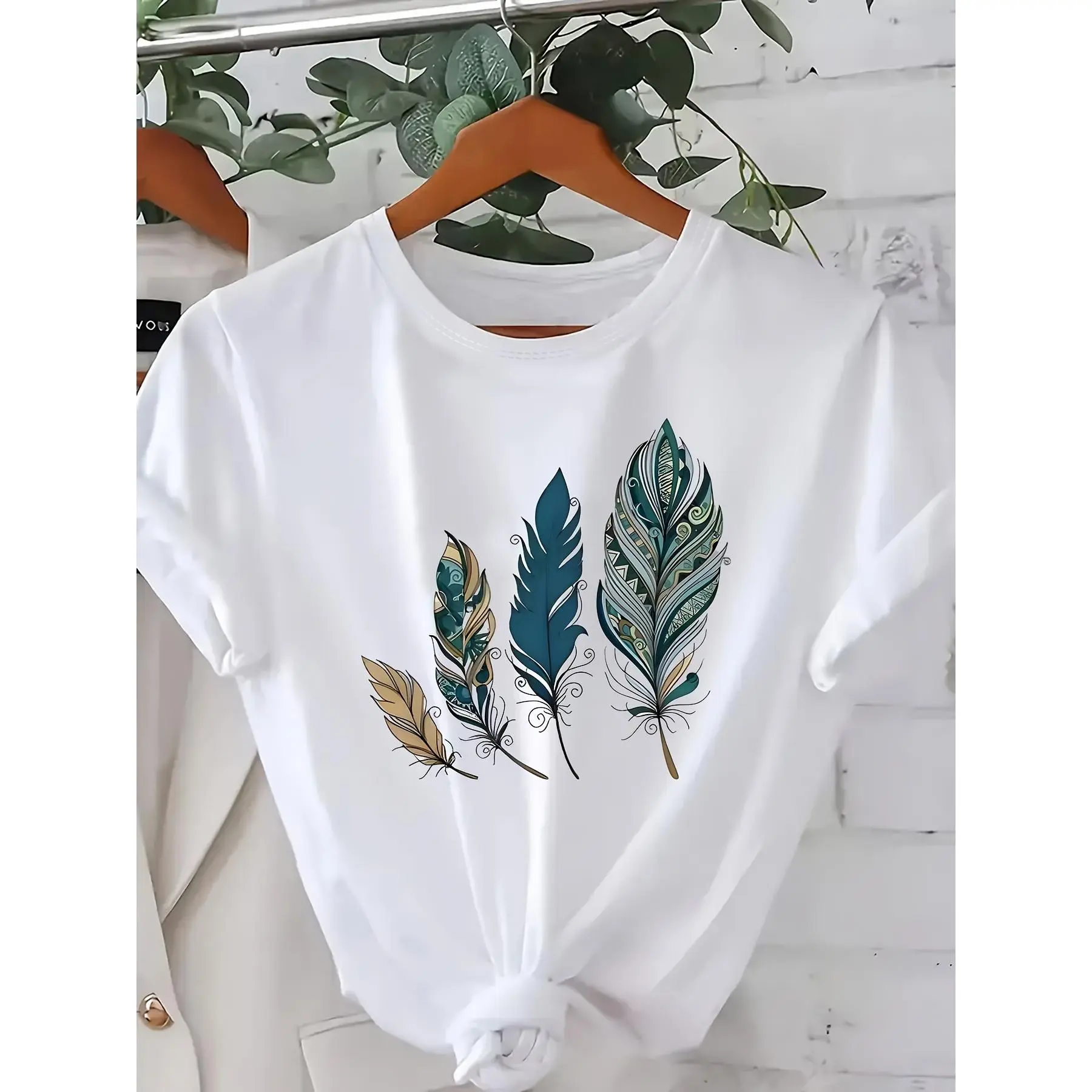 Elegant Women's Knit T-Shirt with Feather Print and Applique, Casual Round Neck Medium Stretch Pullover Top, Tshirt, Crew Neck, Elastane, Polyester Blend, Clothes, Printed Pattern, Shortsleeve, Fabric, Chic, Do Not Dry Clean