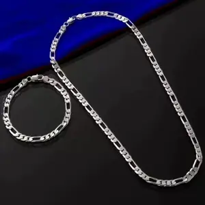 Meraki Stainless Steel Trendy Jewelry Set - 4MM 55cm Cuban Figaro Twisted Chain Necklace, 20cm Bracelet, Everyday Wear Gift for Jewelry Enthusiasts, Bracelets Set