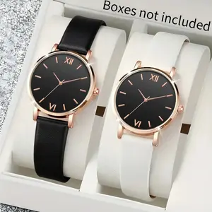 2counts-minimalist women's quartz watch sets, Casual Trendy Wristwatch, featuring black and white Roman numeral dial, PU leather strap, zinc alloy case, and non rechargeable battery - watch case not included