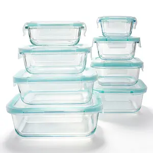 Premium Glass Food Storage Containers 8 Pack Stackable Square Design with Airtight Lids Green Rectangle Safe for Oven Microwave Freezer High Temperature Durable Kitchen Utensils#Summervibes