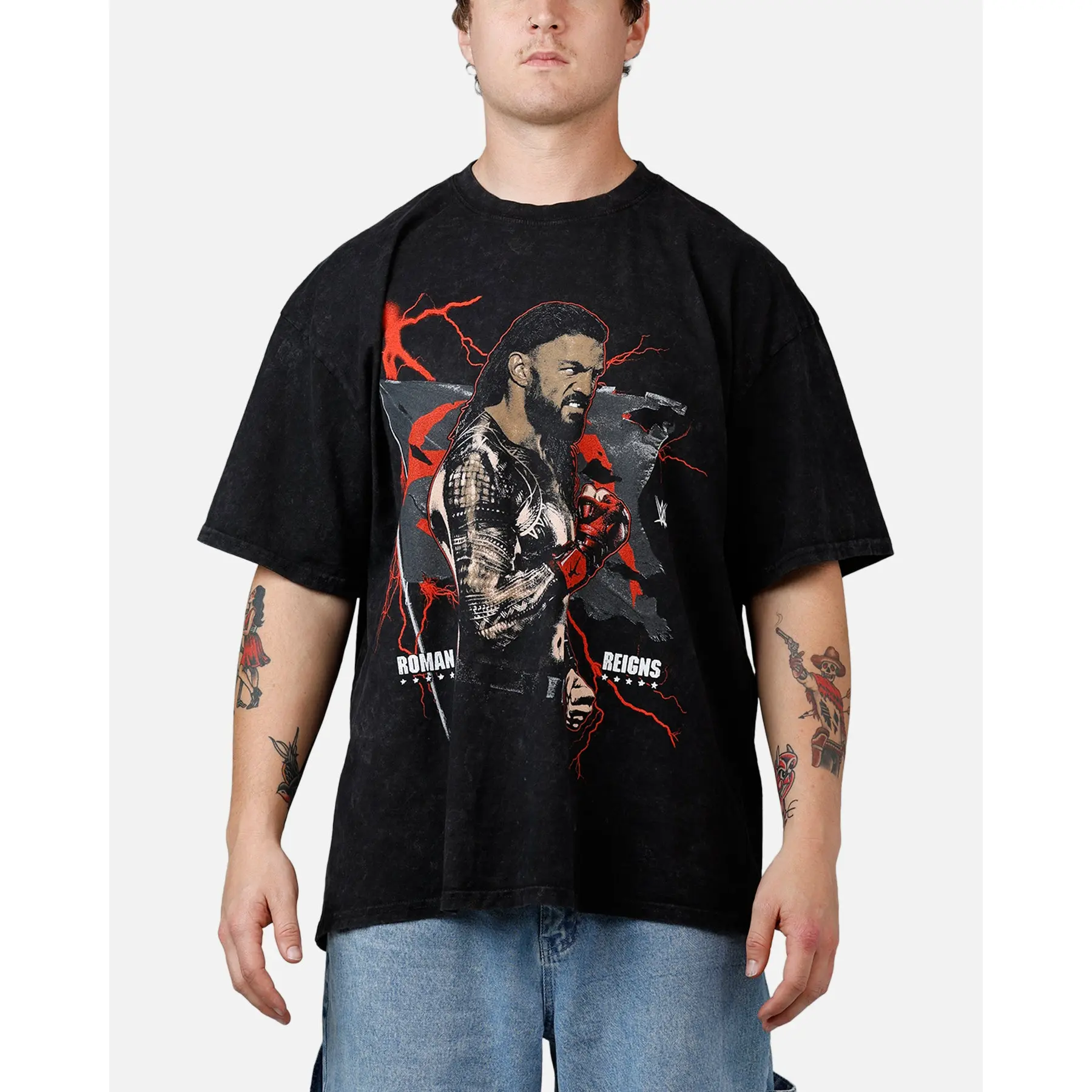 73Studio X WWE Wrestlemania 42 Roman Reigns T-Shirt Black Acidwash